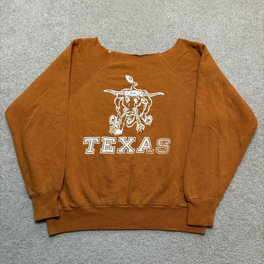 Vtg 60s 70s Texas Longhorns Flock Print Sweatshirt SZ Small Orange Double Sided